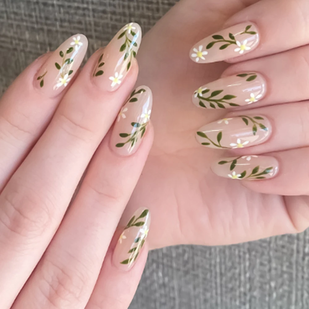 

Nordic Boho Leaf Simple Style Full Cover Artificial False Nail Art 24pcs Handmade Wearable Nails Kit Removable Daily Office Work