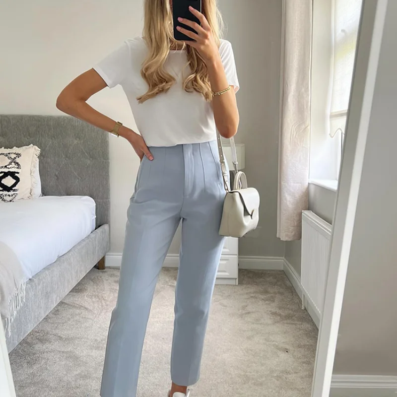 Women Light Blue Chic Fashion Office Wear Straight Pants Vintage High Waist Zipper Fly Female Trousers Fashion 2023 Clothes