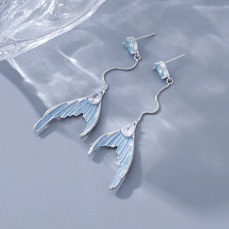Original Design Long fishtail Earrings for women Light Luxury Romantic High-quality Enamel Blue Chains Earring Party Jewelry