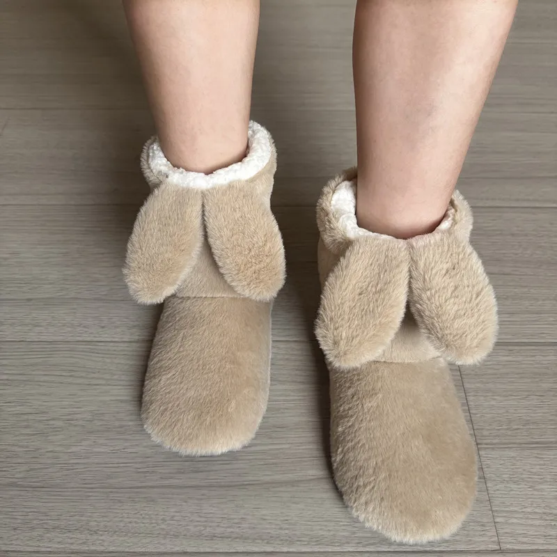 House Slipper Boot Women Rabbit Ear Winter Warm Non Slip Fleece Soft Indoor Plush Cotton Female Home Floor Shoe Men Thermal Cute