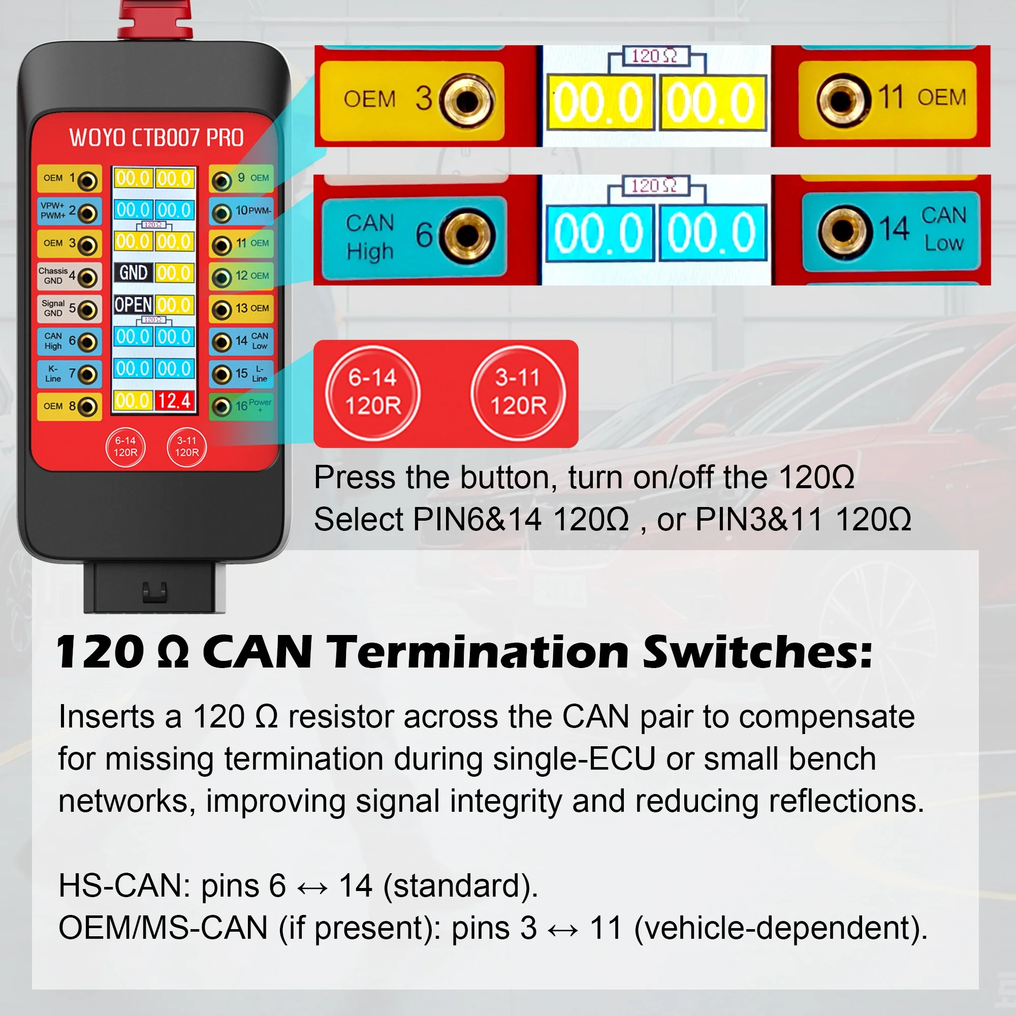 LCD ECU 테스트 도구가 포함된 브레이크아웃 박스, 벤치 자동차 진단 도구 WOYO CTB007 PRO OBD2 디지털 Vrms 디스플레이 CAN 테스트