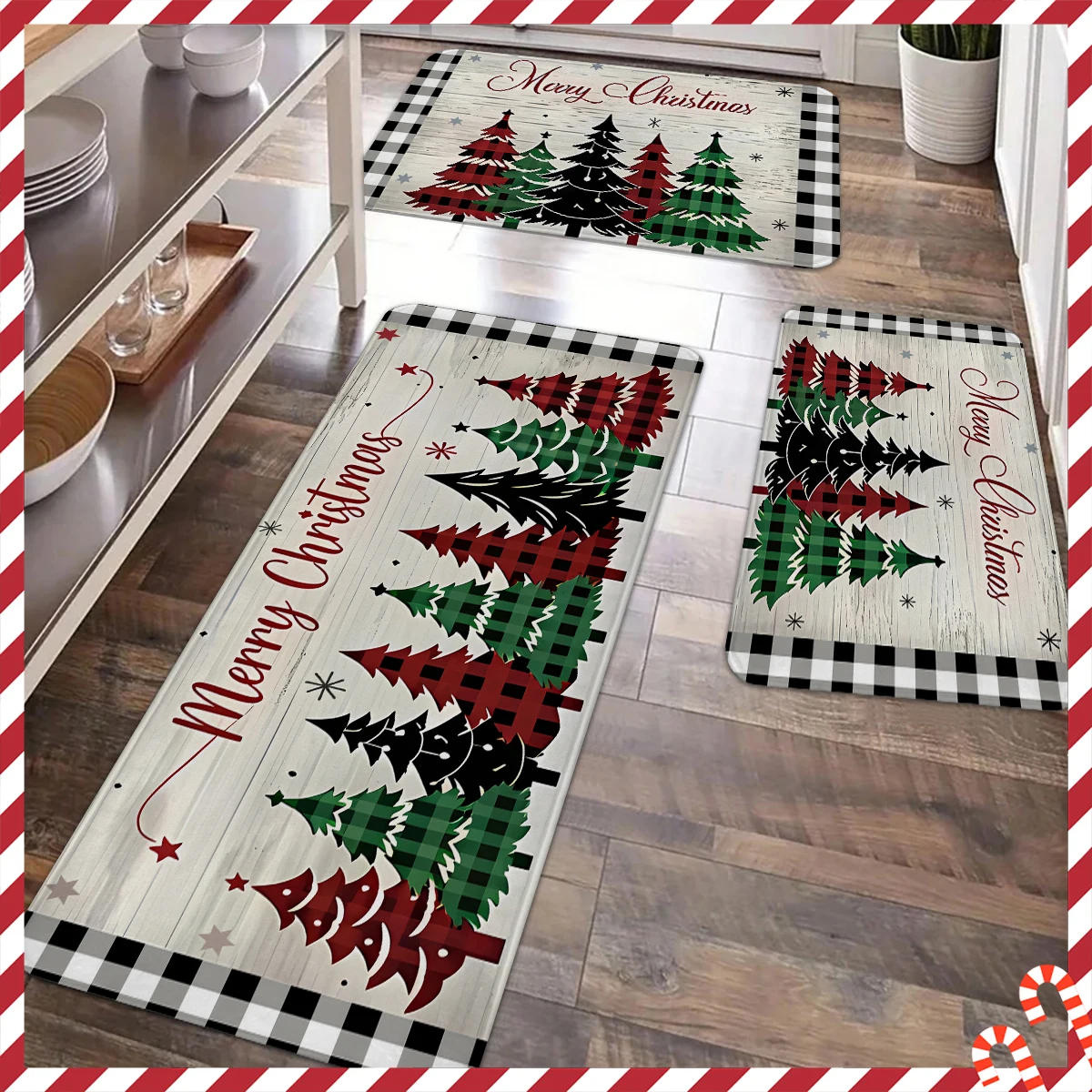 

1/2/3pcs Christmas themed kitchen carpet, green Christmas tree and red decoration, modern minimalist kitchen carpet,
