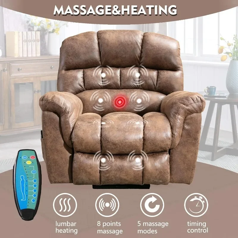 

Large Power Lift Recliner Chairs with Massage and Heat for Elderly Big People,Chairs with USB Port and 2 Side Pockets, Brown