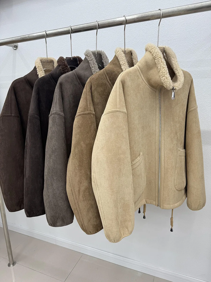 เสื้อโค้ทขนสัตว์เทียมแบบกลับด้านได้ แฟชั่นฤดูหนาว ผ้าวูลและหนังกลับ