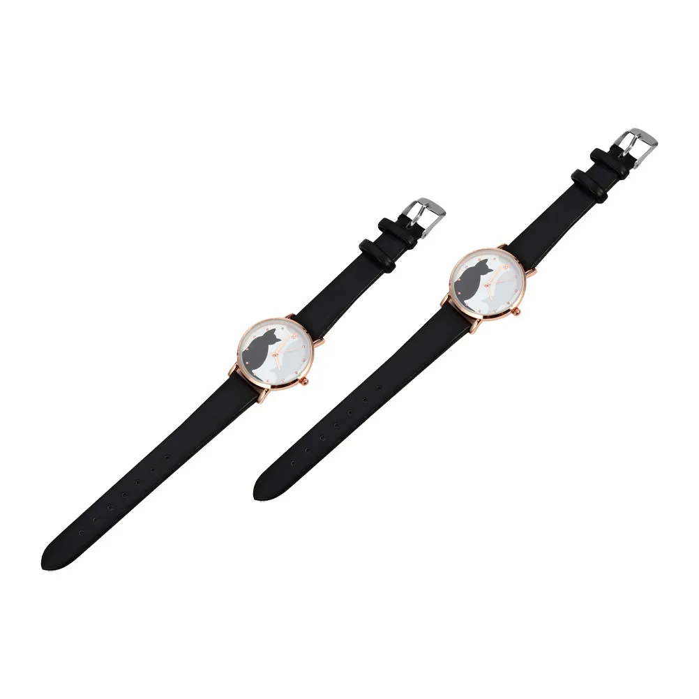 

2Pcs Female Cat Pattern Wrist Watch Zinc Alloy Imitation Classic Color Adjustable Belt Casual Quartz Watch for Women
