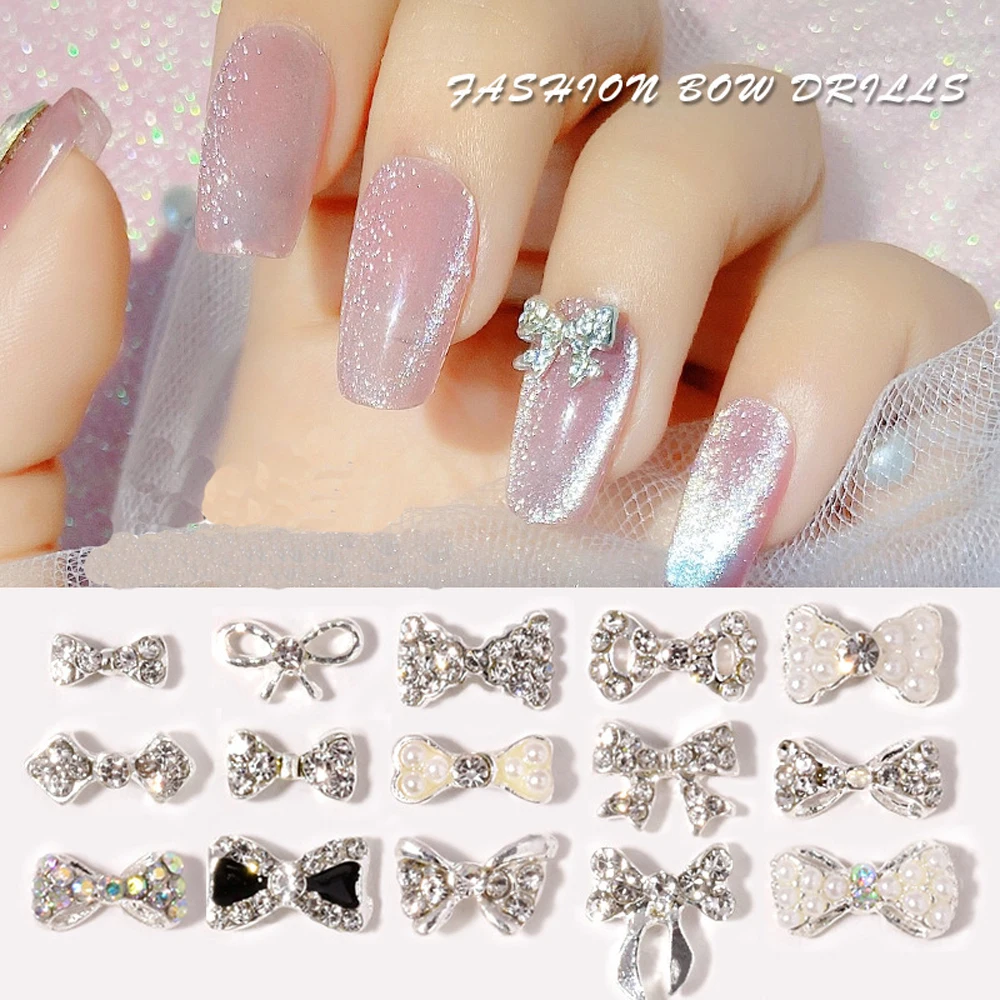 10pcs Diamond Bowknot Nail Charm 3D Shiny Pearl Crystal Silver Alloy Edging Bow Ribbon Nail Jewelry Cute DIY Nail Decor Parts