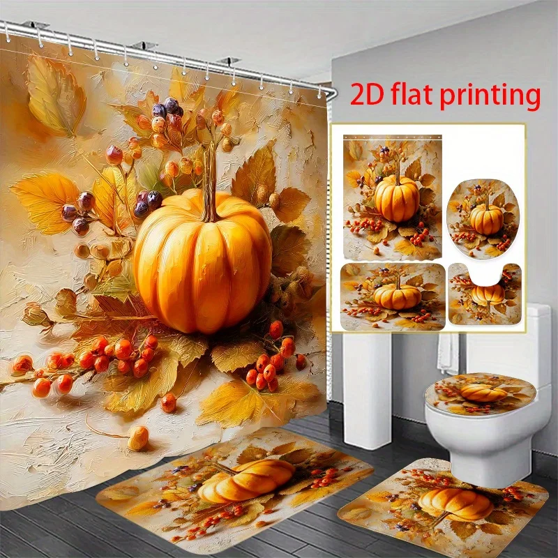 

4pcs 2D flat printing Hower Curtain Shower Curtain Set Autumn Pumpkin with Berries and Leaves. Suitable for Bathroom Decoratio