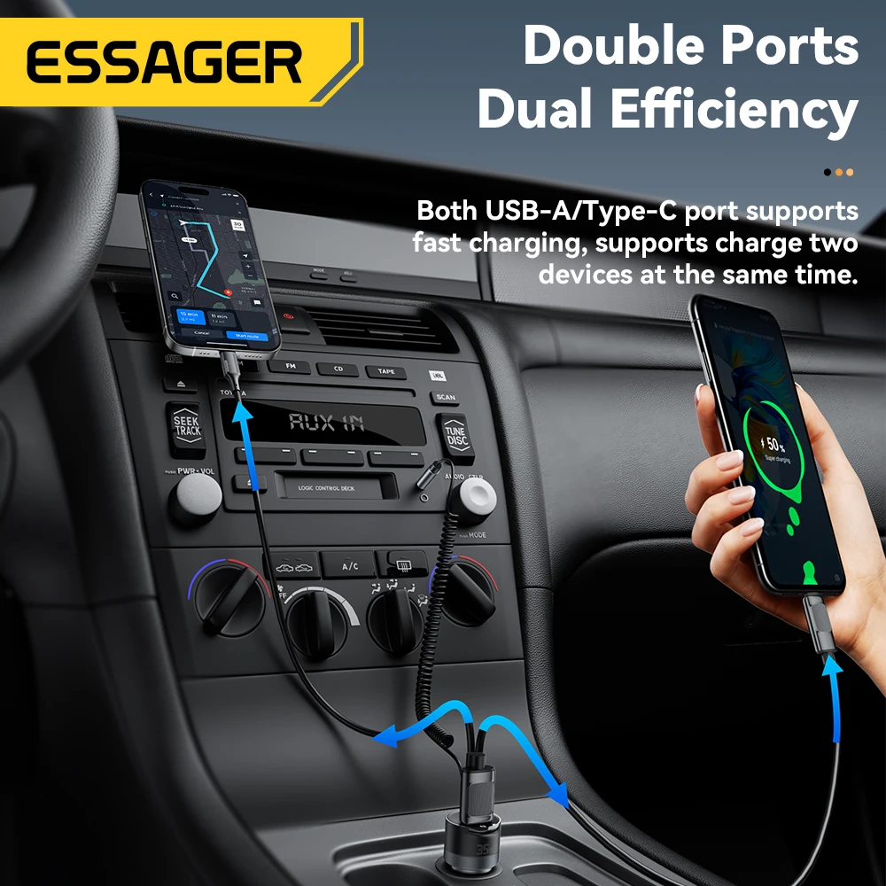 Ładowarka samochodowa Essager Bluetooth 5.3 z kablem AUX 3.5mm, szybkie ładowanie 35W do iPhone 16 15 Huawei Samsung, ładowarki samochodowe Bluetooth — zdjęcie produktu 2