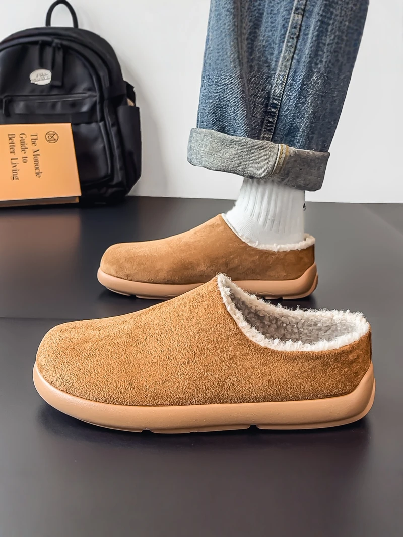  Men's Winter Anti-Slip Fashionable All-Match Soft Bottom Casual Slip-On Shoes Men's Leather Fur Lined Warm Cotton...