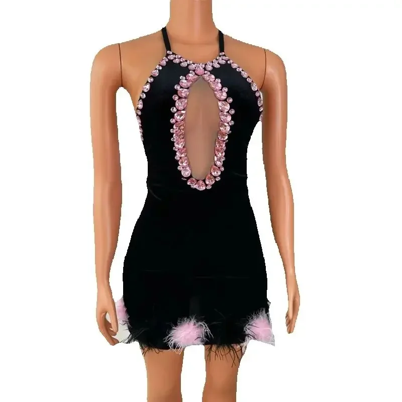 Vrouwen Zanger Prestaties Jurk Zwart Fluwelen Steentjes Jurk Festival Outfit Bar Ds Dj Gogo Danskostuum Stadium Clubwear