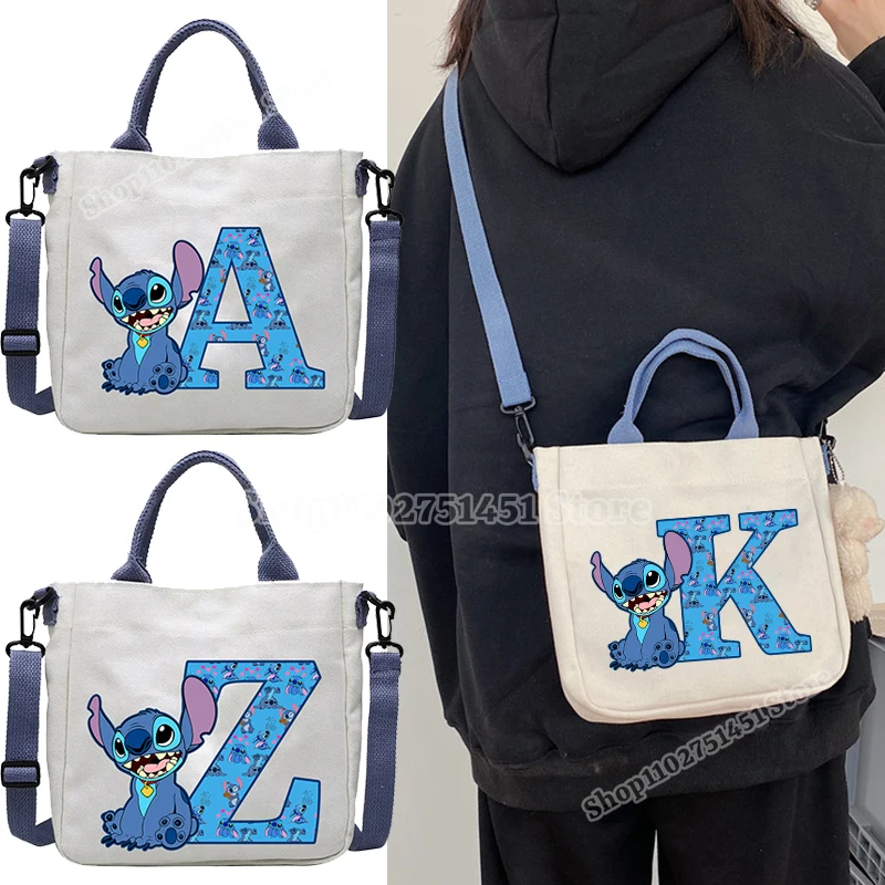 Disney Stitch Letter A-Z Print Shoulder Bags Cute Anime Action Figure Stich Purses Handbags Men Women Sling Messenger Bag Gift