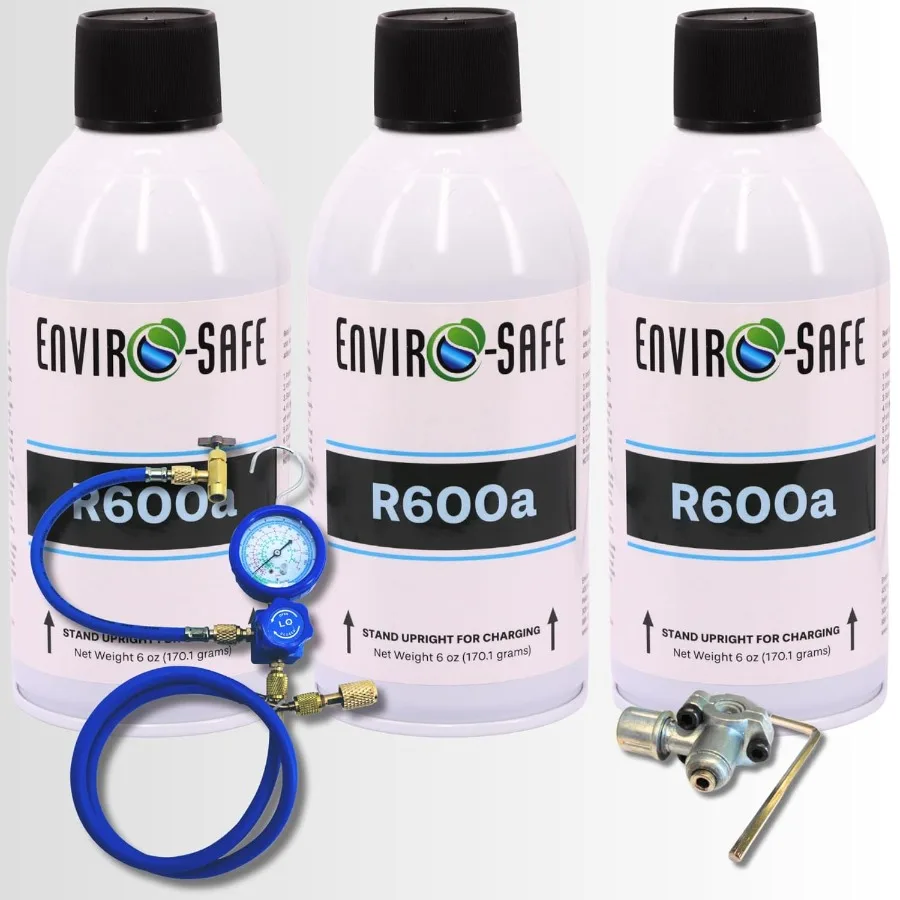 

R600a Refrigerant 6oz Upright Self Sealing Top for HVAC Refrigeration Use 99.7 Purity EPA Approved Hydrocarbon 3 Cans and Recha
