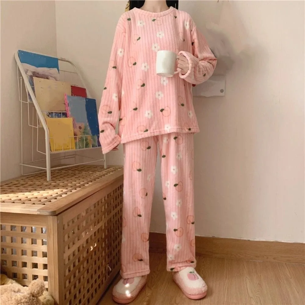 Moda simpatico orso velluto set di indumenti da notte fiore pesca pigiama completo manica lunga indumenti da letto inverno pigiama caldo spesso autunno inverno