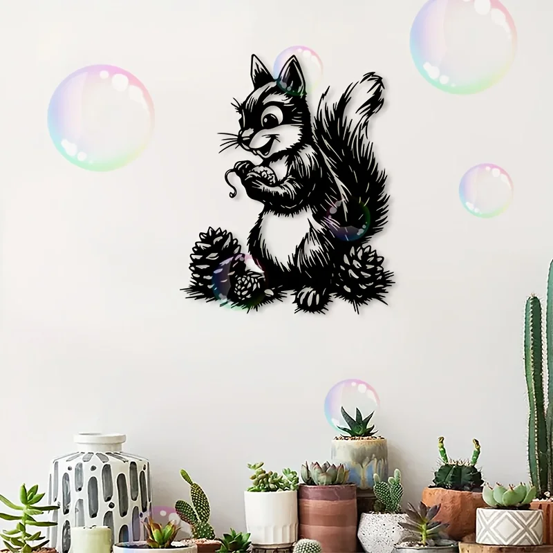 1Cute Squirrel Metal Wall Decoration - Black and White Iron Squirrel Sculpture Wall Art，Designed with pine cones and foam 1pc