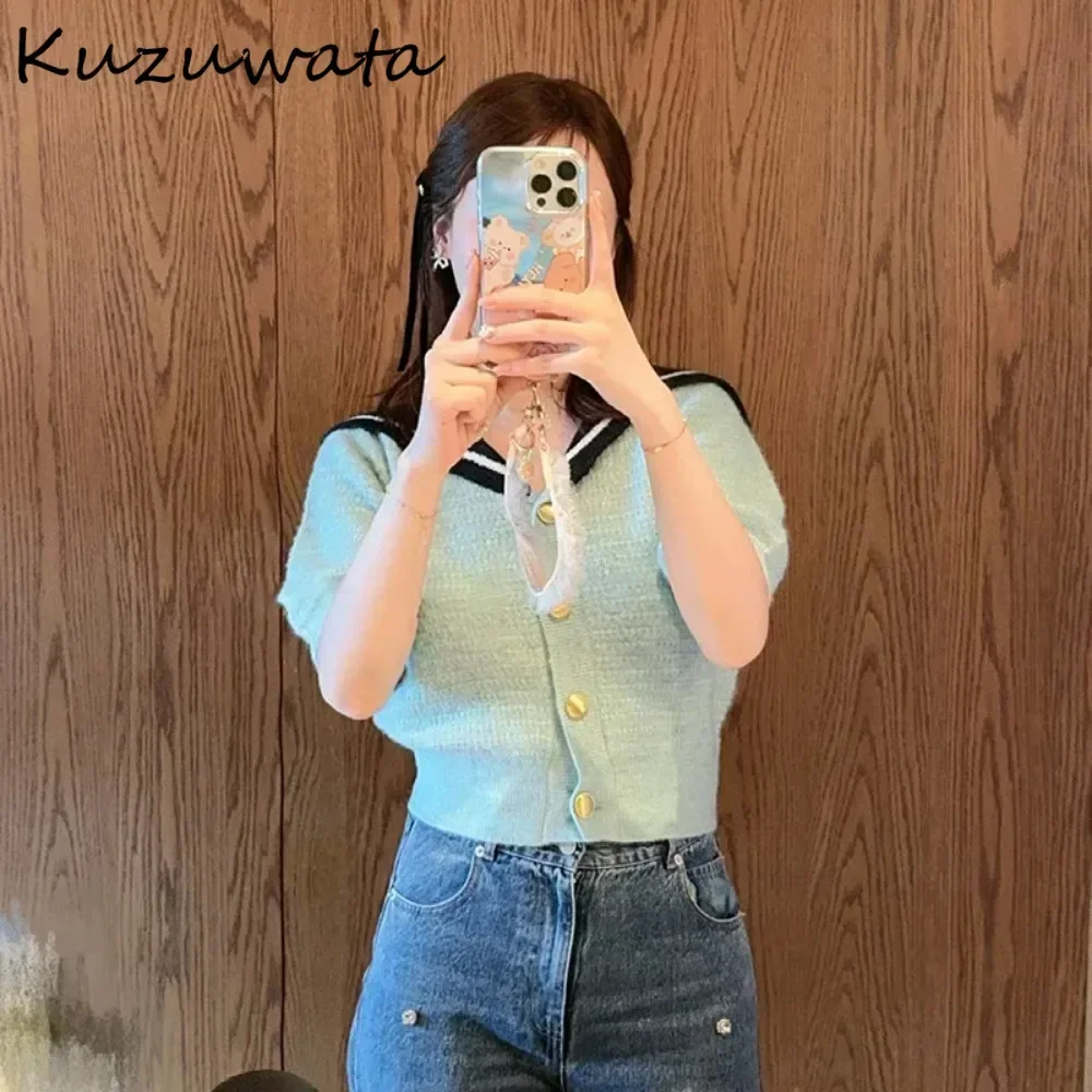 Kuzuwata New Sweet Sailor Collar Puff Sleeve Jumper Single Breasted Casual Stripe Cardigan Japan Knit Elegant All-match Sweaters