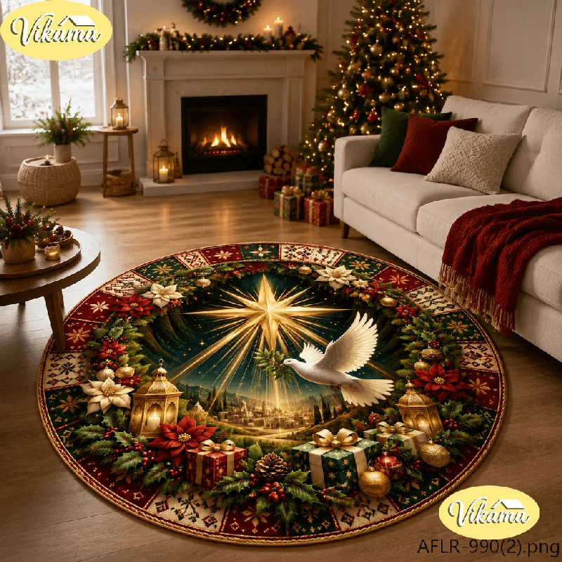 VIKAMA Round Christmas Rug Star of Bethlehem Dove Wreath Print, Soft Fluffy Flannel Non-Slip Mat Home Holiday Decor
