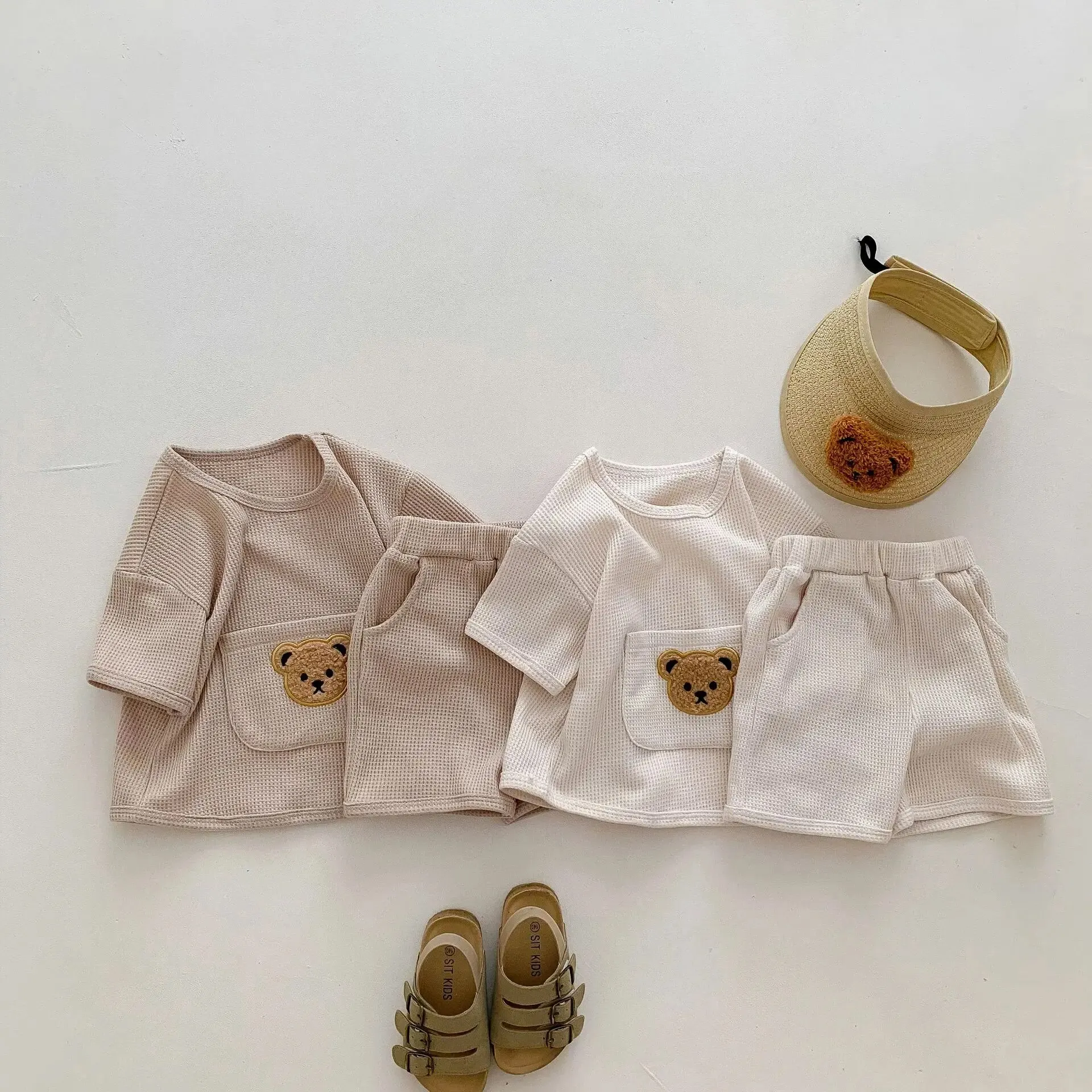 2024 Summer Baby Clothing Set Baby Casual Homewear Set Waffle Bear Te and Shorts 2 Pcs Suits for Baby Boys Girls