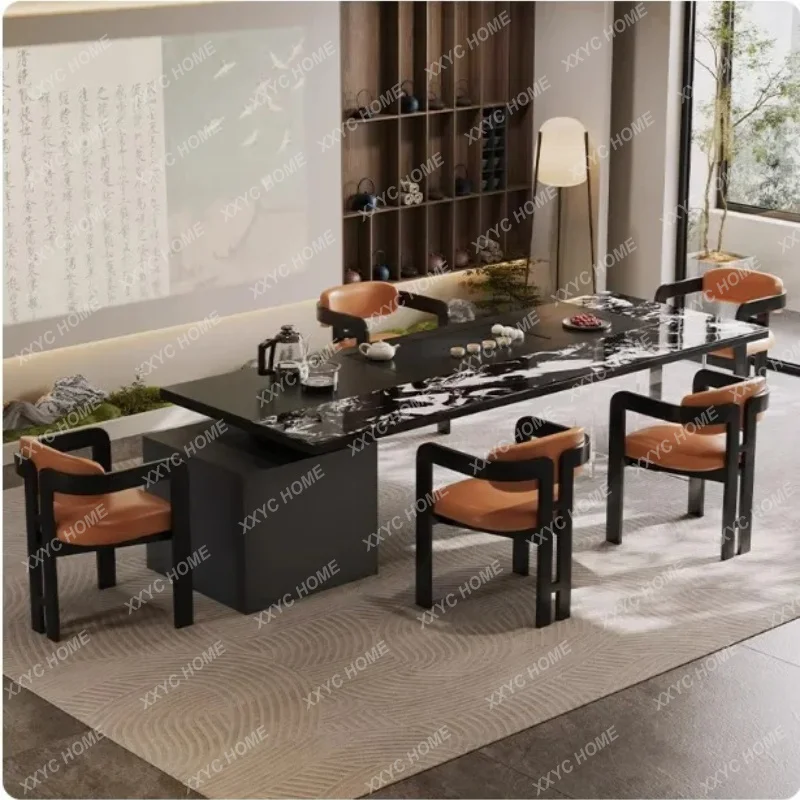 L visual black  minimalist rock slab tea tea table and chair combination one table five chairs