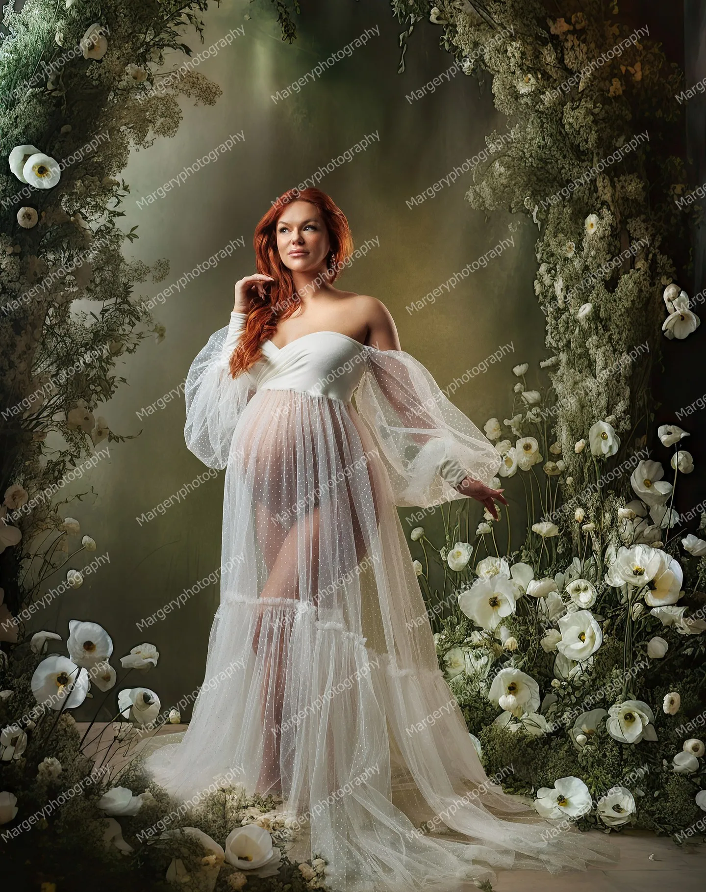 See Thru Dots Mesh Pregnancy Dresses Puff Sleeves Side Split Tulle Maternity Gowns For Photography Sexy Long Pregnant Women Gown