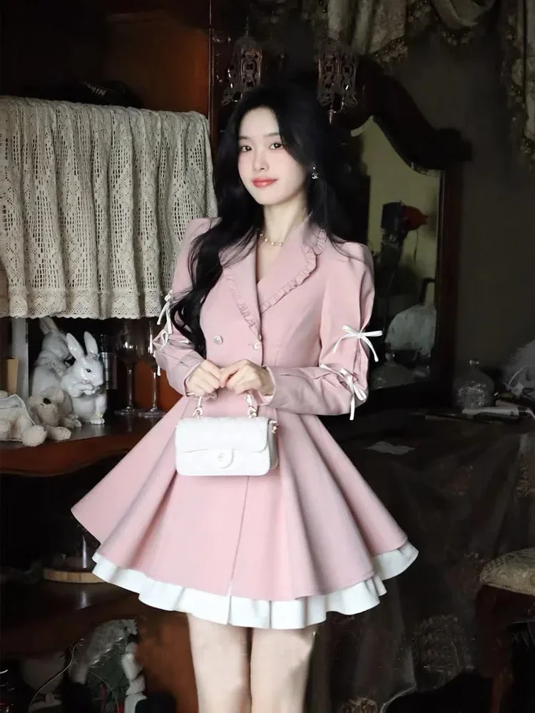 

French Elegant Autumn New Women Blazer Dress Mature Suit Collar Long Sleeve Double Breasted High Waist Slim A Line Mini Dresses