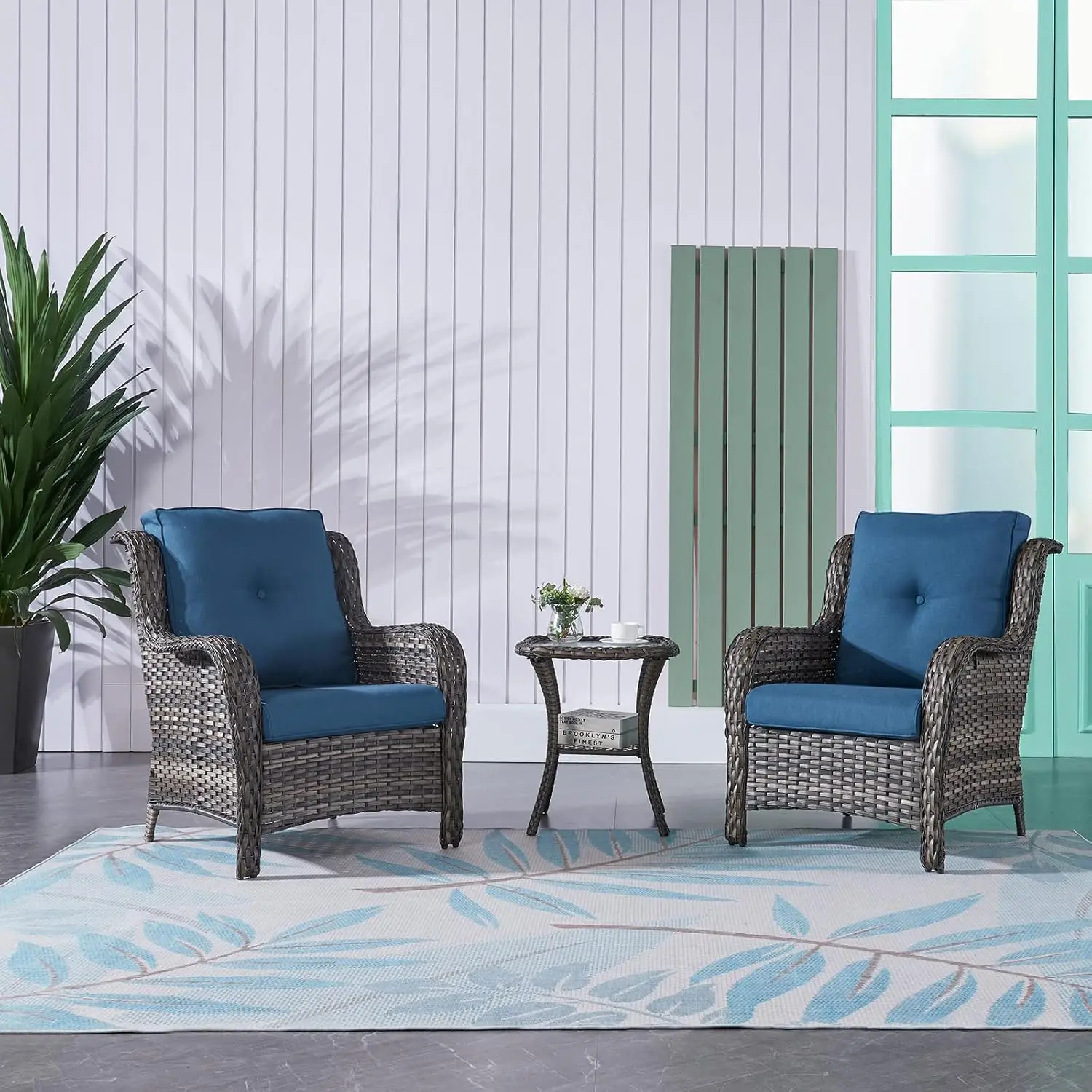 Patio Bistro Set Wicker Chairs - 3 Piece Outdoor Rattan Conversation Set With 2 Armrest Chair And 1 Side Table For Proch Deck