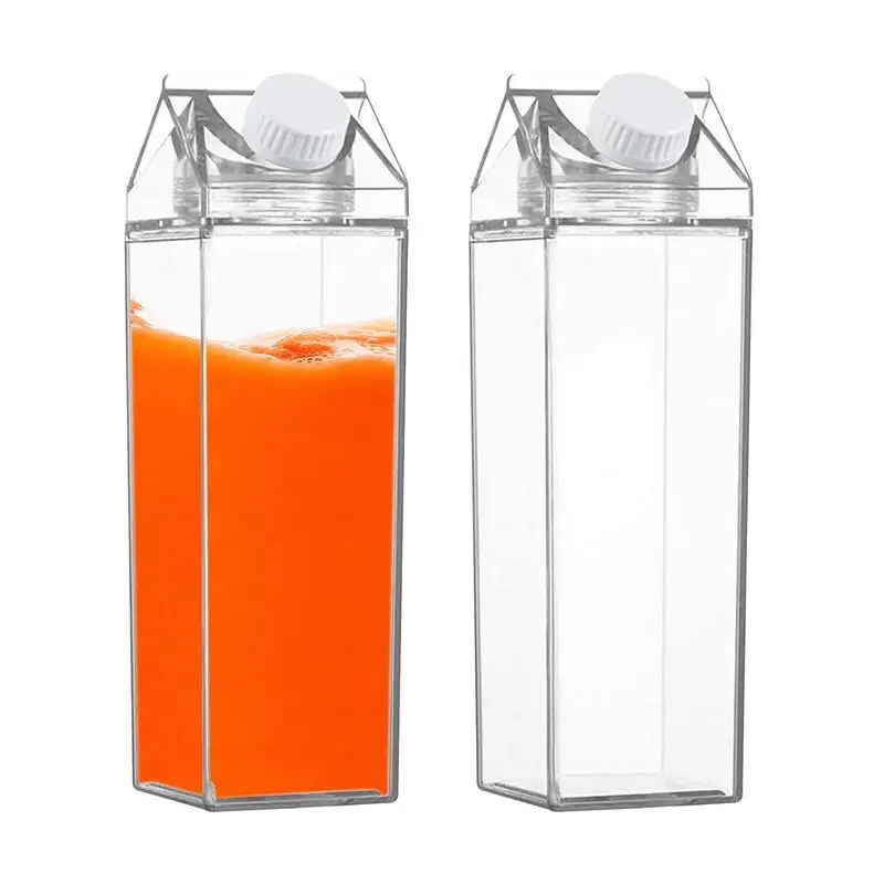 2Pcs Leakproof Food Grade Milk Carton Outdoor Clear Juice Bottle Square Milk Cup Portable Drink Juice Container Refrigerator