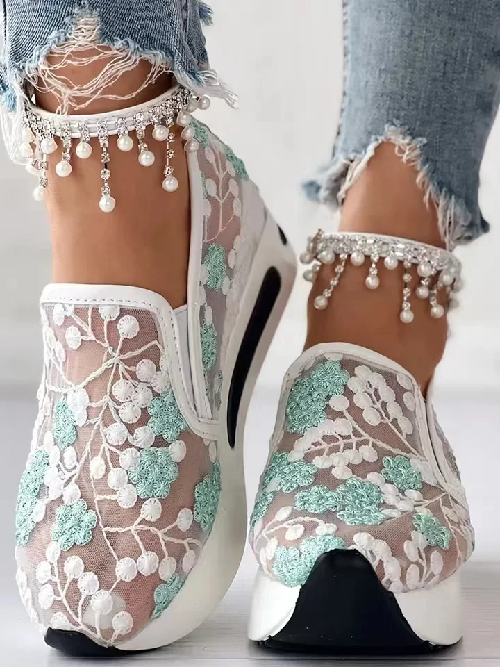 Baskets en Maille Brodée Florale pour Femme, Chaussures à Talons Confortables et Décontractées