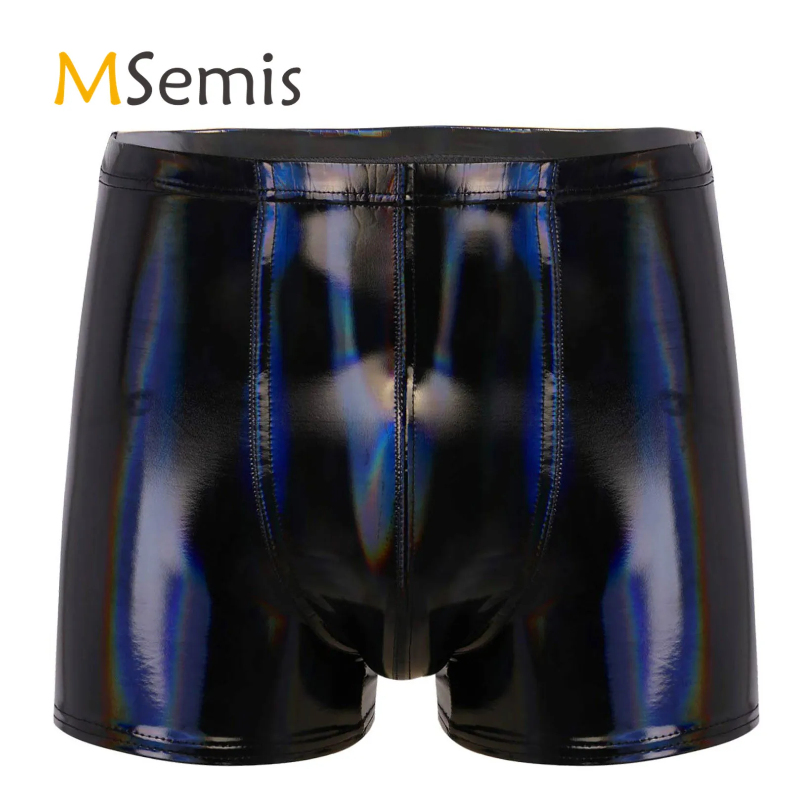 Mens Glossy Wet Look Patent Leather Shorts Bulge Pouch Boxer Briefs Underpants  Elastic Waistband Short Pants Clubwear