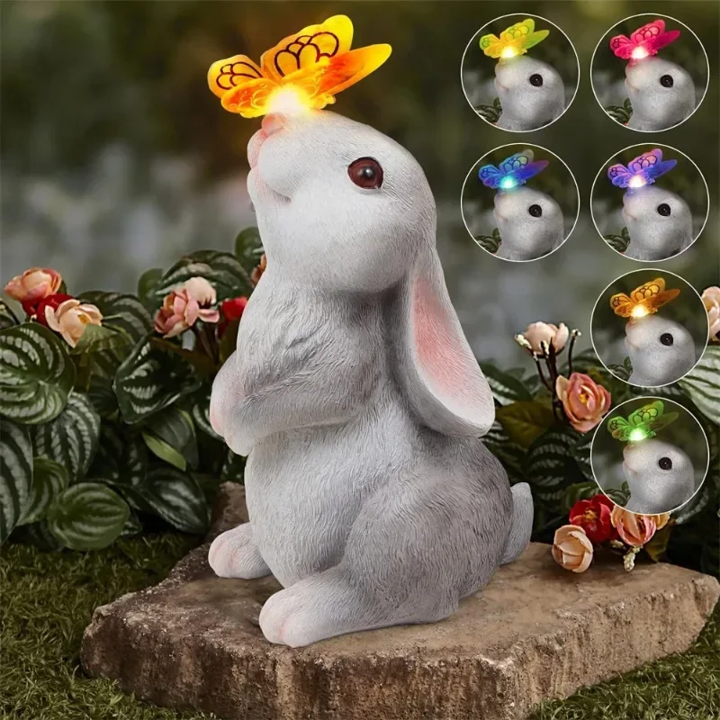 

1PCS Solar Bunny Statue Garden Decor with Butterfly LED Light Resin Animal Sculpture Figurine for Garden Decorations outdoors
