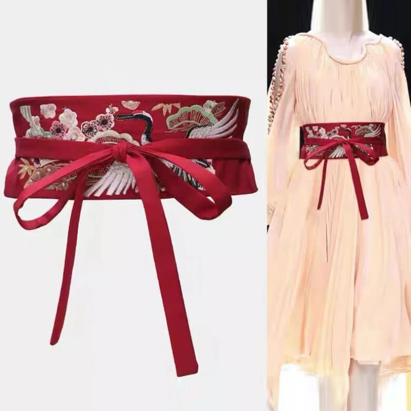 Antique Style Hanfu Belt Crane Embroidered Wide Waist Belt Women Self Tie Wrap Sash Straps Dress Kimono Obi Waist Belts