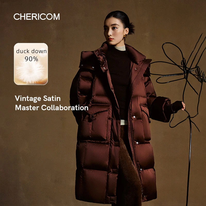 

Chericom женский длинный пуховик зима 2025 толстые теплые куртки-пуховики с капюшоном модные свободные пуховики женские Y309715Y