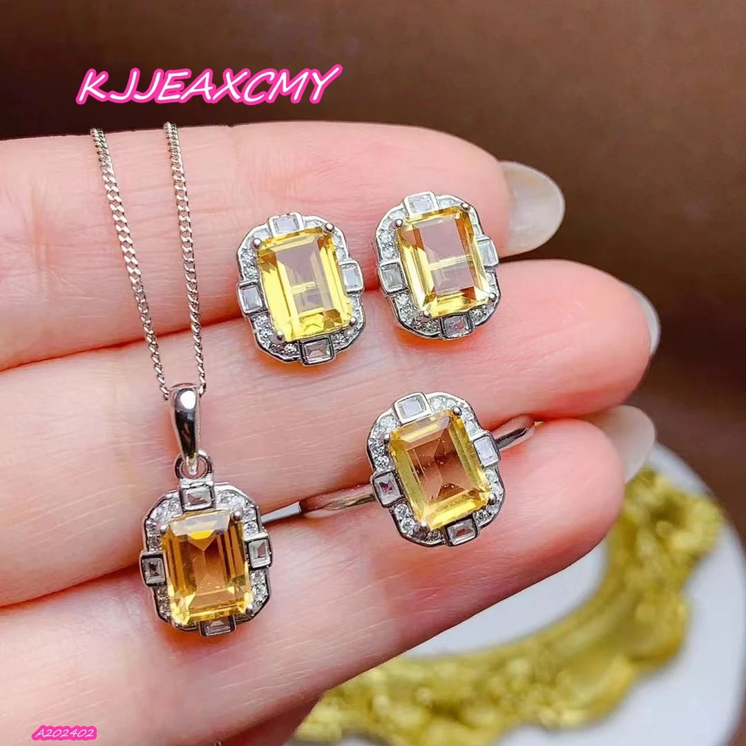 

KJJEAXCMY 925 sterling silver natural yellow crystal gemstone women's earrings+pendant+ring 3-piece set Girl's Party Birthday