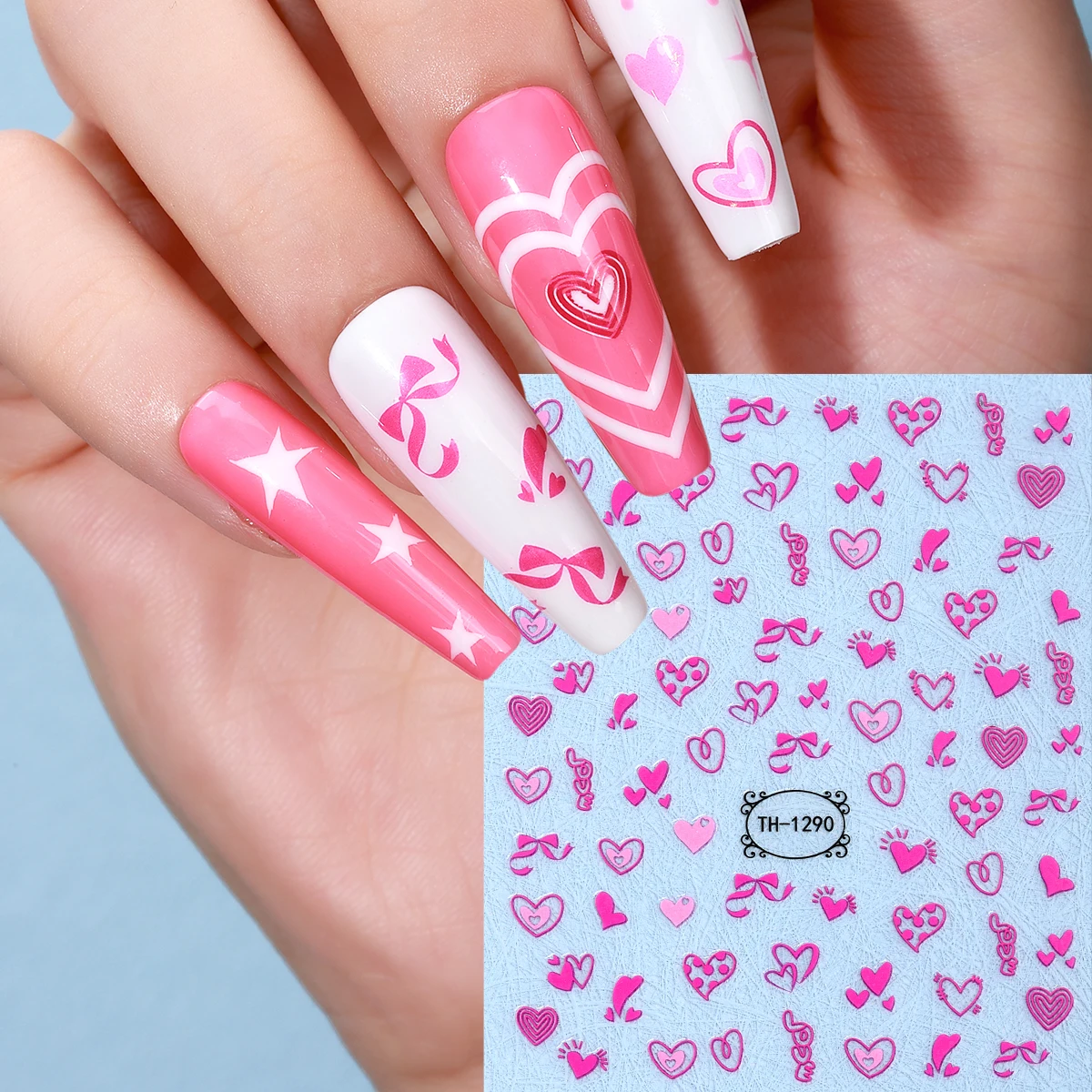 Barbie-Autocollants en forme de cœur rose pour Nail Art, décalcomanies auto-adhésives pour la journée de Léon, décoration d'ongles, nœud ruban, lettre d'amour, bricolage, Y2K, 2 pièces