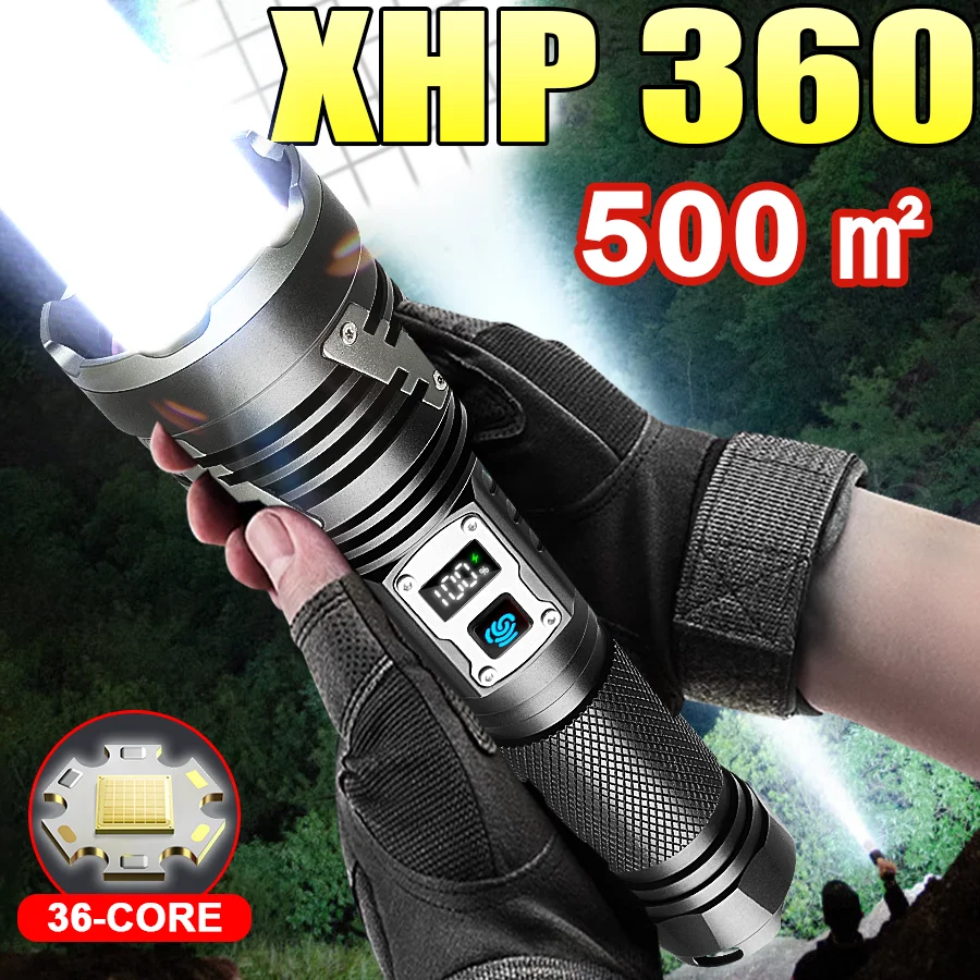 

2025 XHP360 Most Powerful LED Flashlight USB Rechargeable Lamp 500㎡ Ultra Powerful Flashlight Tactical Lantern Camping Torch