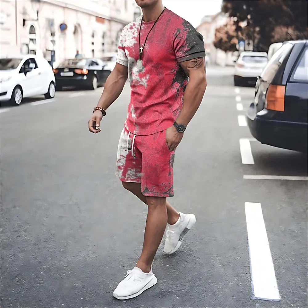 

Men Tracksuits Oversized T Shirt Beach Shorts 2 Pc Sets Male O Neck T-shirts Street Sportswear Suits Print Summer Men's Clothing