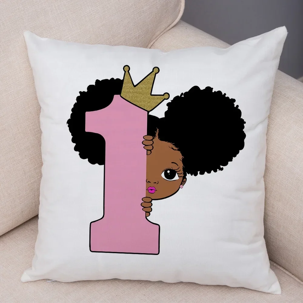 Africa Crown  Number Cushion Cover for Sofa Home Child Room Decor Cute Cartoon Black Girl Pillow Case Soft Plush Pillowcase