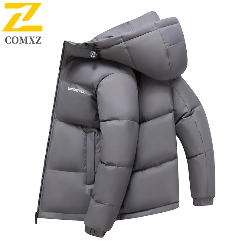COMXZ Classic Hood Men Down Coat Outdoor Climbing Wind Resistant Parka Solid Color Design Light Travel Comfortable Winter Jacket