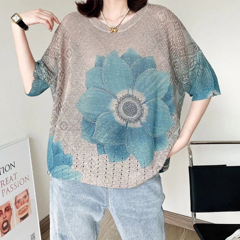 Fashionable Loose Female Floral Print T-shirt Summer New Women's Clothing Korean All-match Round Neck Diamonds Spliced Tops