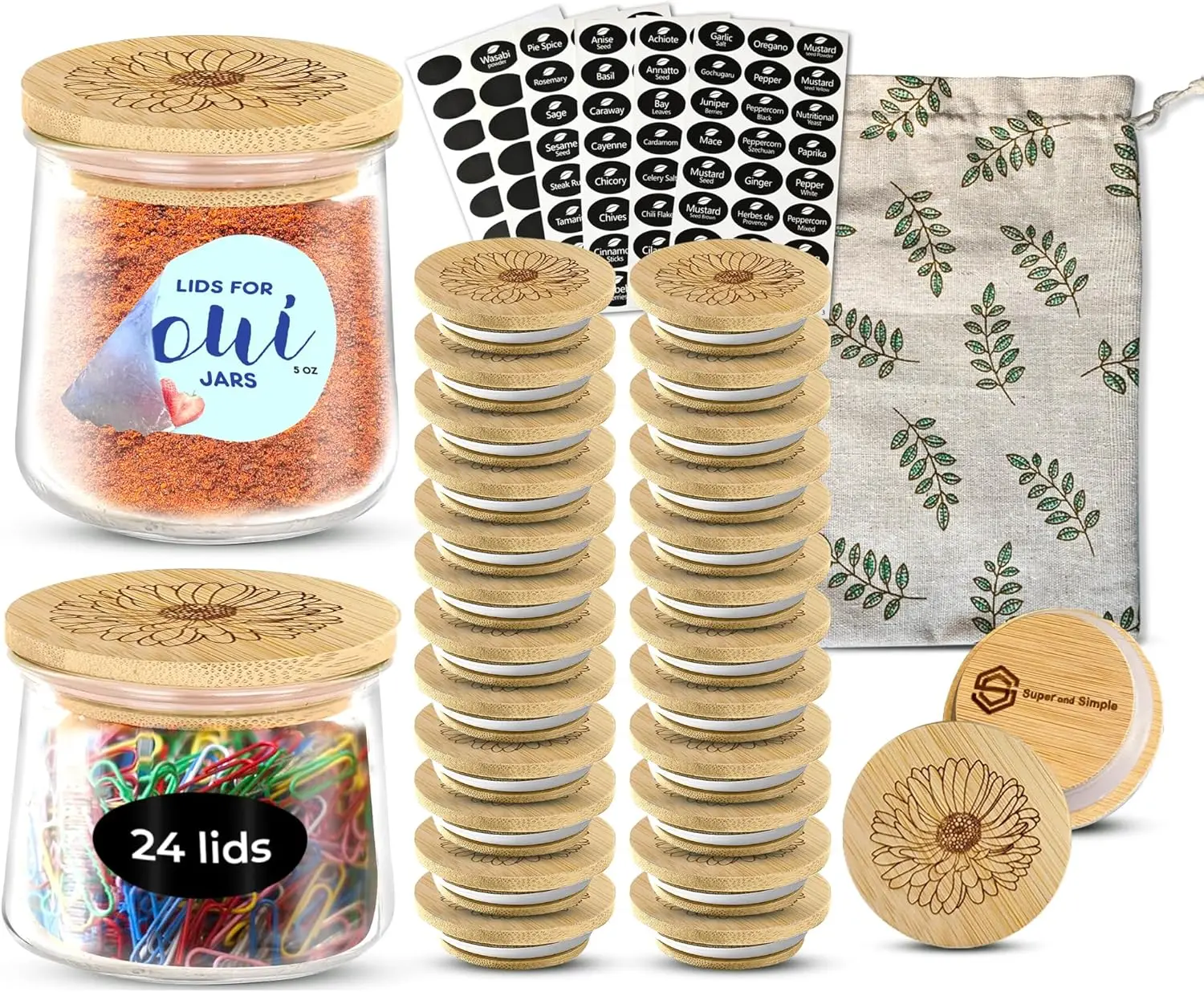 

Крышки для банок йогурта Oui из бамбука (4-24 шт.) с этикетками и сумкой для хранения | Герметичные бамбуковые крышки с гравировкой цветка астры | Подходит для Yopl