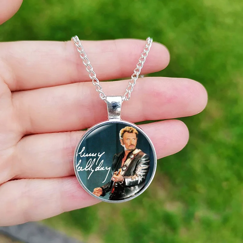 2024 Johnny Hallyday Necklace for Men Women Famous Singer Poster Glass Crystal Pendant Chain Jewelry Gift