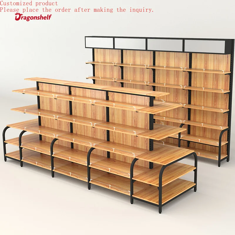 

Custom.Dragonshelf Factory Wholesale Wood Grain Shelf Metal Store Supermarket Shopping Shelf Display Rack Gondola
