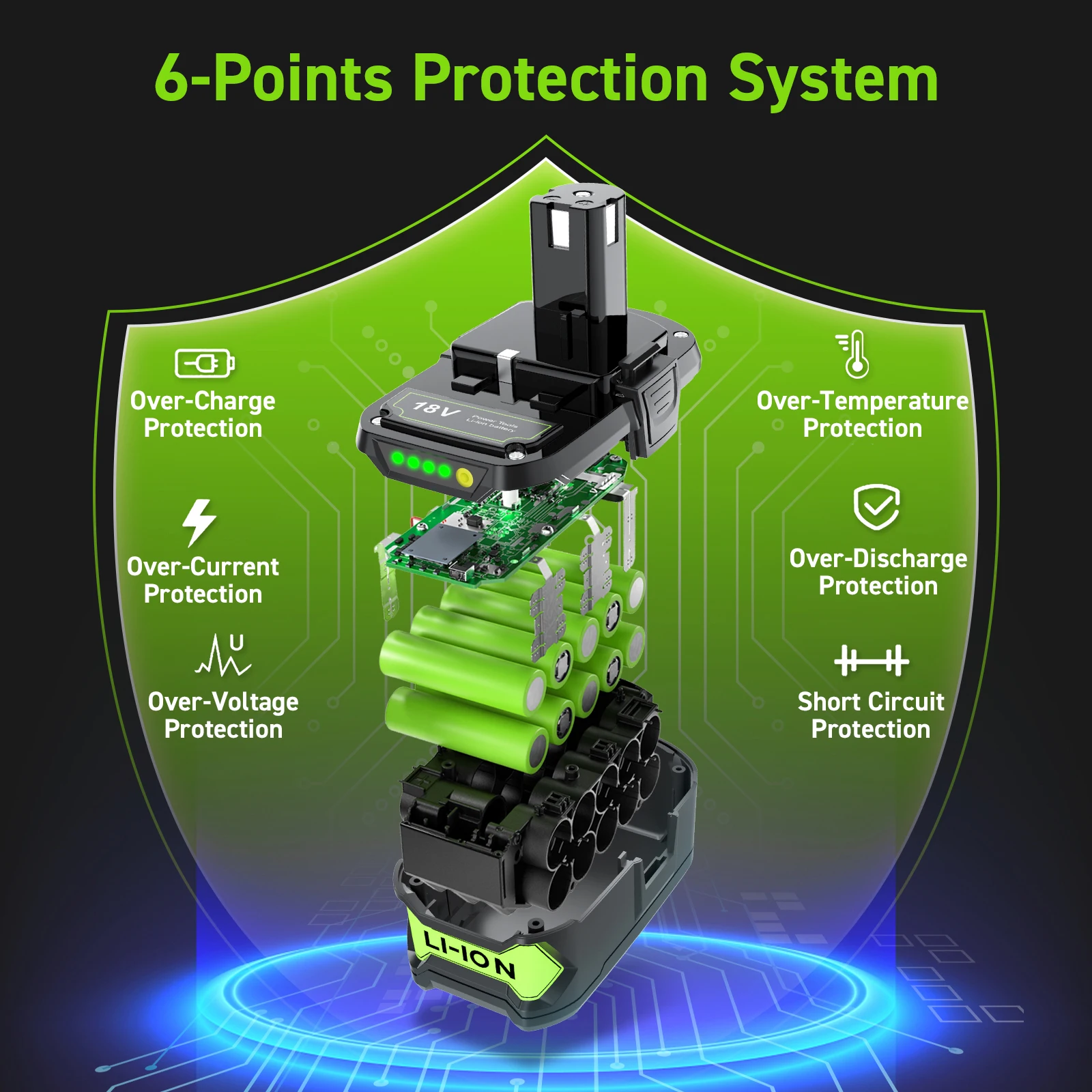 6Ah For RYOBI P108 18V Plus Battery 18 Volt Li-ion Power Tools Battery ...