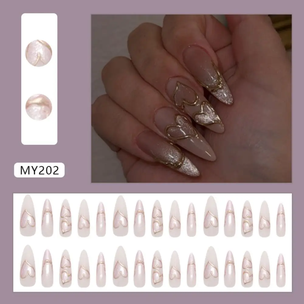 30 pièces longs amande Stiletto faux ongles français scintillant strass faux ongles violet amour coeur détachable presse sur les ongles femmes