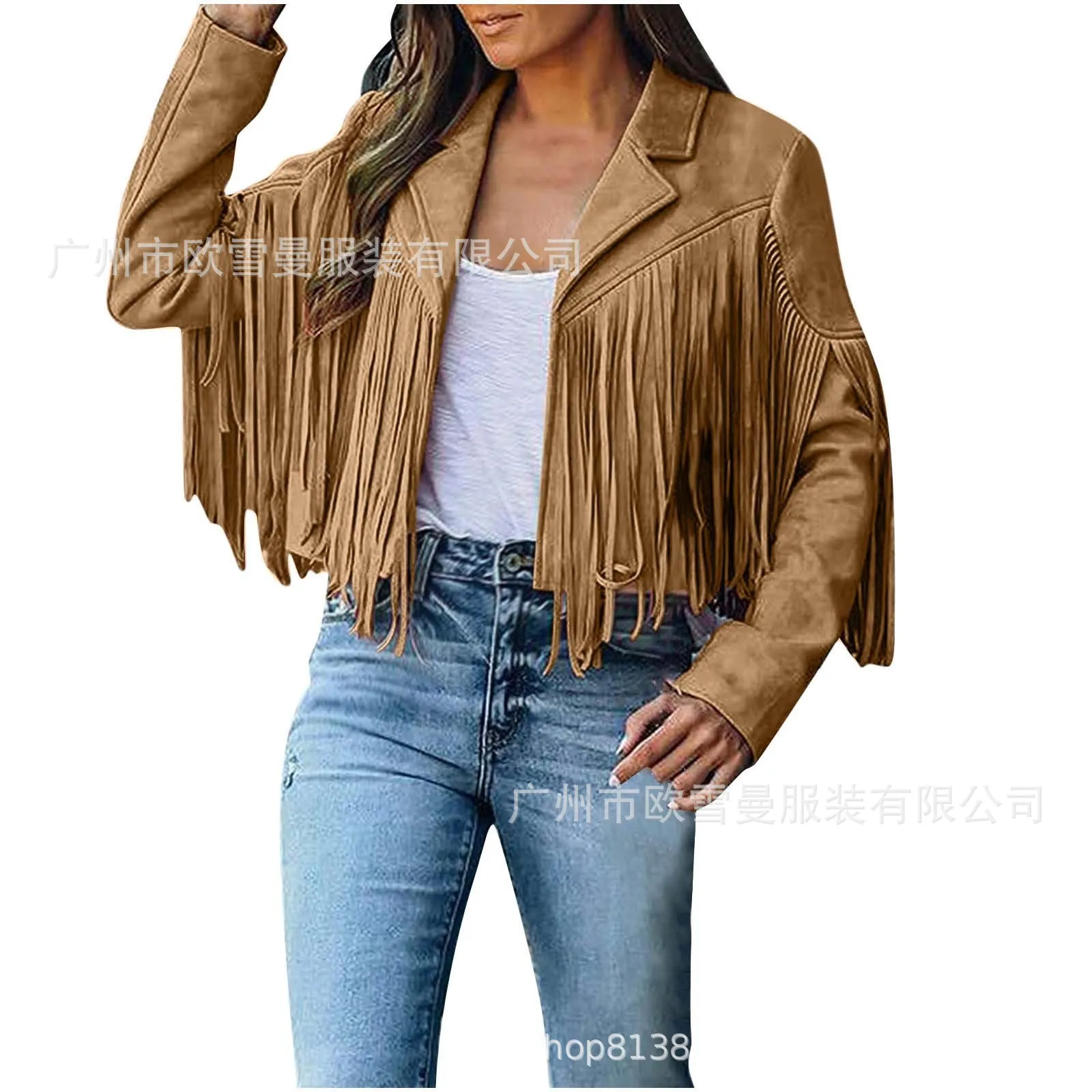 Europe and The United States Autumn New Fashion Solid Color Deerskin Velvet Patchwork Fringe Lapel Slim Cardigan Jacket Women