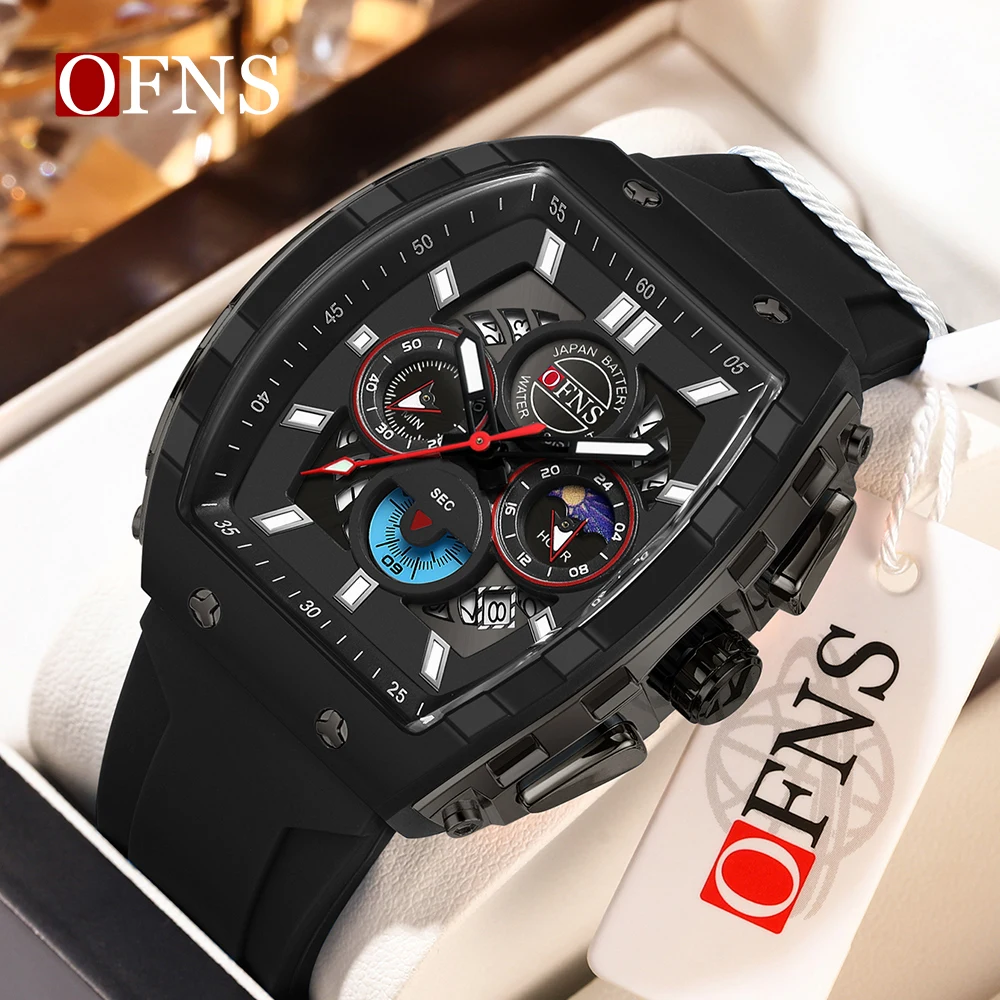 OFNS 1203 Fashion Student Quartz Watch Multi Functional Three Eye Six Pin Waterproof Luminous Calendar Men's Watch