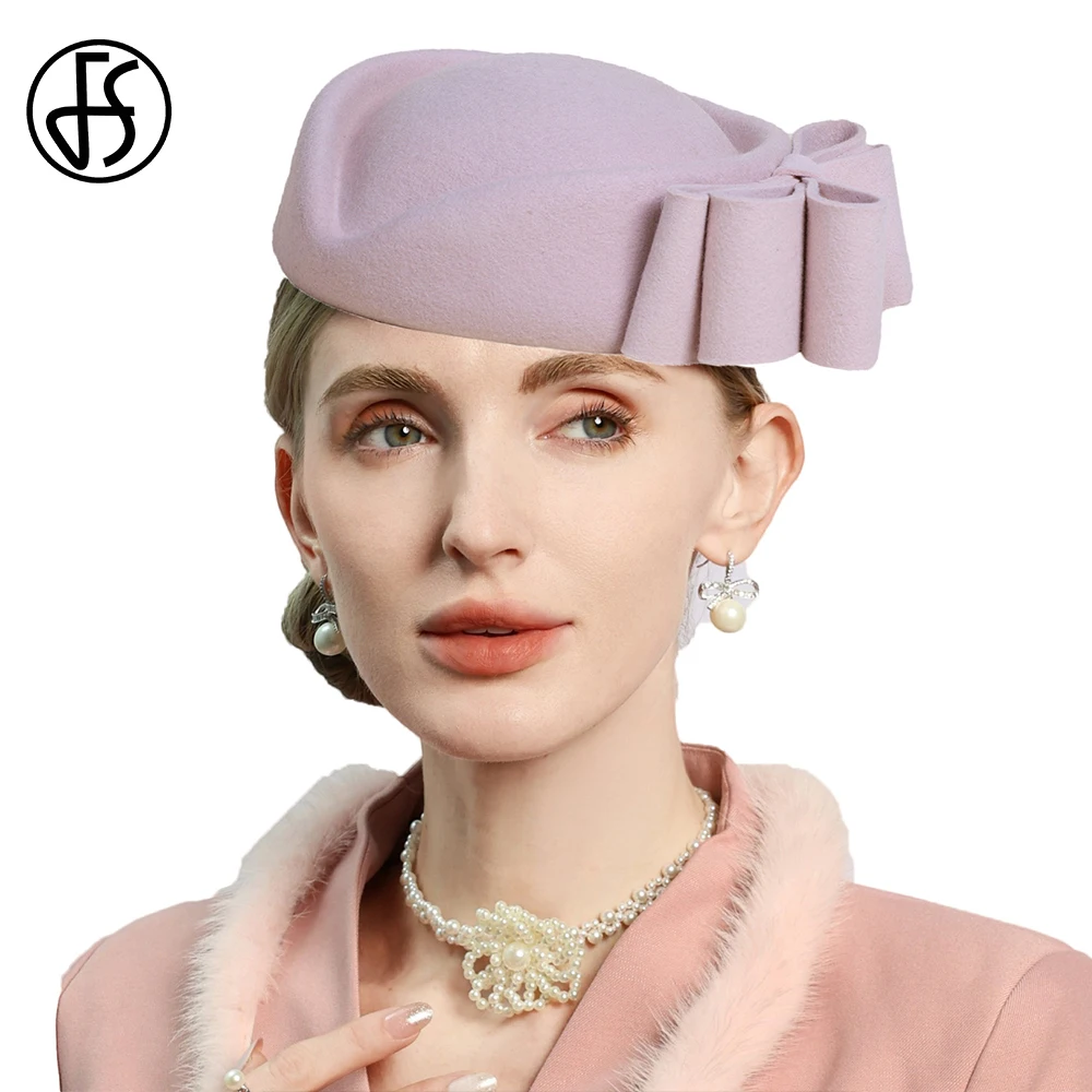 女性用高級パープル小型シルクハット、ティーパーティー用ウールハット、レトロフレンチベレー帽、ウェディングブライドキャップ、リボン付きシャポーファム