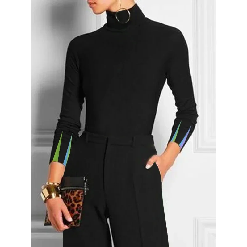 

Modigirl Women's Slim Blouse 2025 New Fashion Printed Split-Joint Long Sleeves Urban Daily Casual Black Basics Tshirts Top