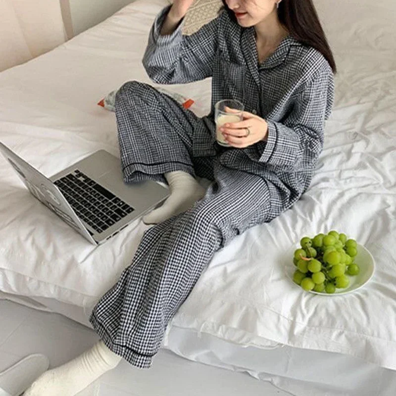 Plaid Women\'s Pajamas Korean Sleepwear Long Sleeve Pants Sets for Women 2 Pieces Autumn Night Wears Casual Home Suit 2024 New