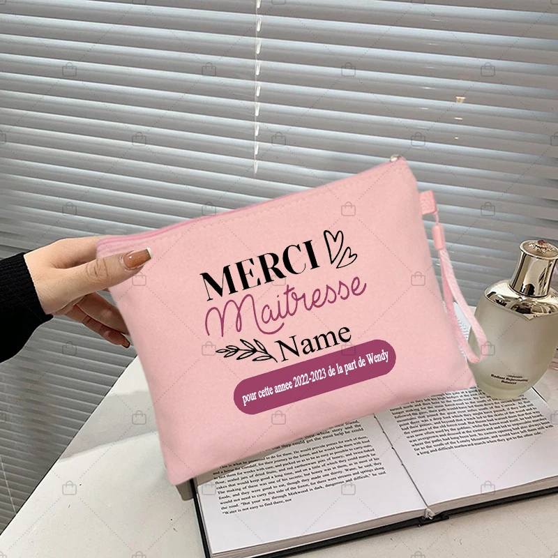 Merci Maitresse Personalized Name Kit Customized Canvas Bags Teacher Gift Makeup Organizer Bag Travel Toiletry Cosmetic Pouchs