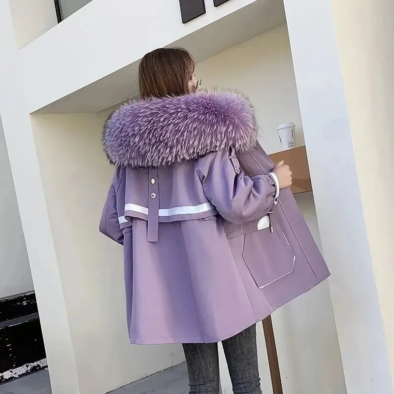 Pai Overcomes The Women Long Hooded Jacket 2024 New Korean Version Big Fur Collar Fashion Winter Add Plush Thick Warm Coat Trend